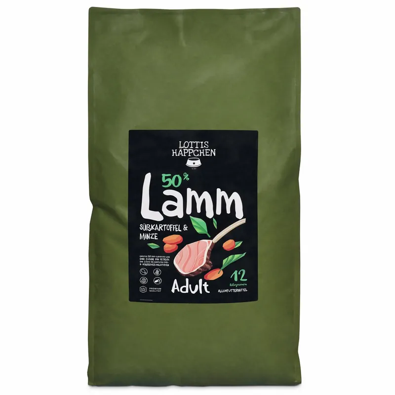Expressversand Sparpaket 2 x 12 kg Lottis Häppchen 50 % Lamm, Süßkartoffel & Minze Adult Hunde Trockenfutter